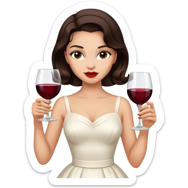 Beautiful woman in 1950’s woman fashion look, white dress, long hair, wine, dark brown hair sticker