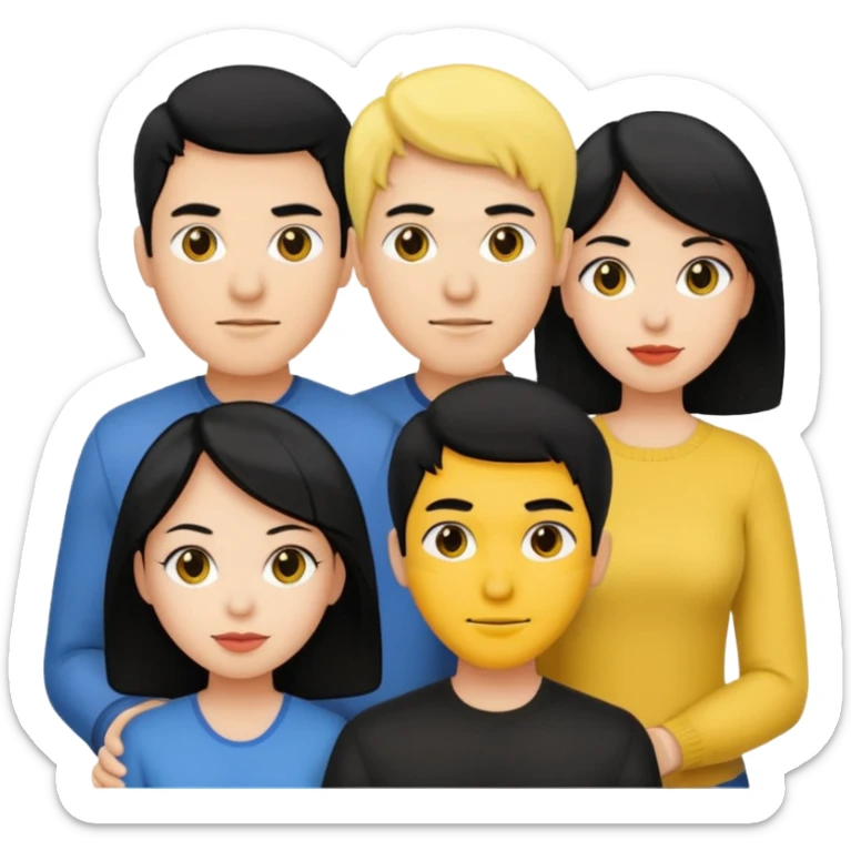 4 people, two man and two women,yellow skin,black hair, Half-body photo sticker
