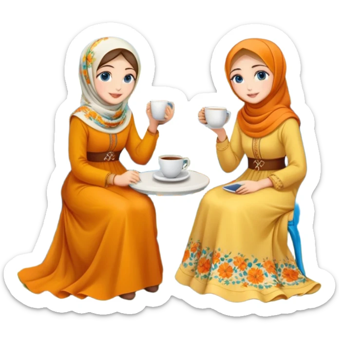 Turkish beautiful finish Konya girls blue eyes with Beautiful orange yellow floral hijab long tail dress and the two friends in a lovely garden sits on the chair on the ground and holds cup coffe with her hand  sticker