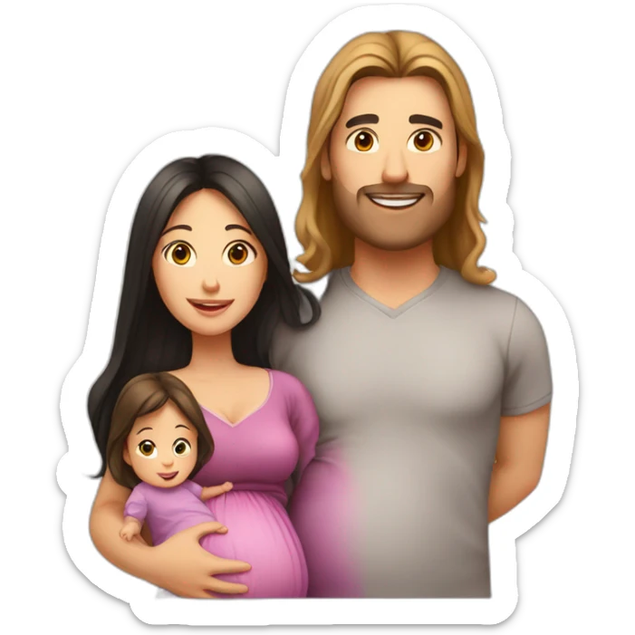 dad with black hair, pregnant mum with long brown hair, baby girl with light brown hair sticker