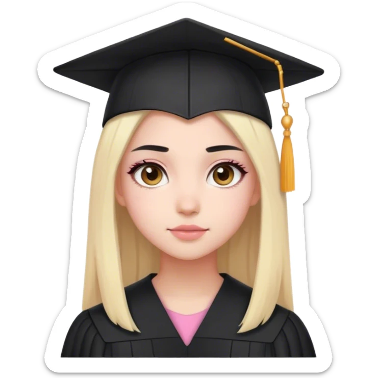 graduated girl with black hair (blonde ends), light brown eyes. Mostly pink colour aesthetic sticker