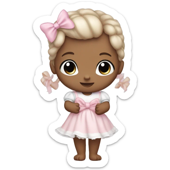 Little white babygirl, with blue eyes. Bronze colored hair in two ponytails, with light pink bows.  She is wearing a light pink and White dress, holding a teddybear with a pink bow. sticker