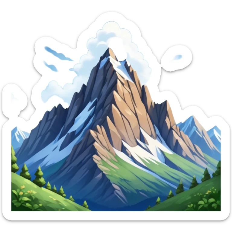 Cinematic Realistic Mountain Emoji, Majestic and towering, with craggy, snow-capped peaks rising sharply against a deep blue sky. The rugged terrain is dotted with rocky outcrops and patches of greenery, with clouds swirling around the higher reaches. Soft glowing outline, capturing the essence of ancient strength and natural beauty in a towering mountain! sticker