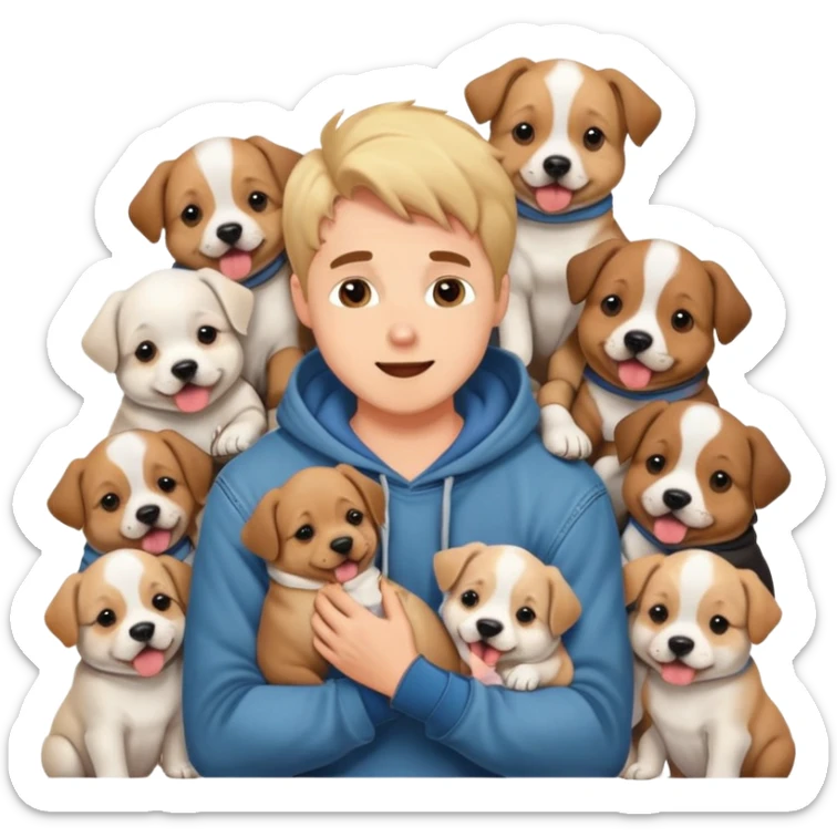 Cute dog lover boyfriend with soft smile, surrounded by puppies, wearing hoodie and jeans, one dog licking his face sticker