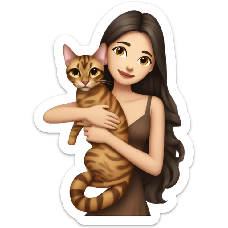 Beautiful skinny woman long dark brown hair in dress hug bengal cat sticker