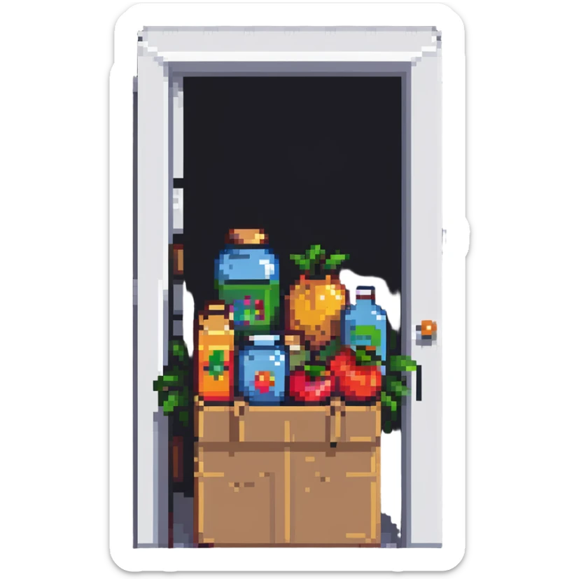 pixel art of a box of organic products in front of a door sticker