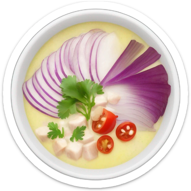 white bowl of hot soup with the following ingredients sliced red onions, albacore, coriander and yucca sticker