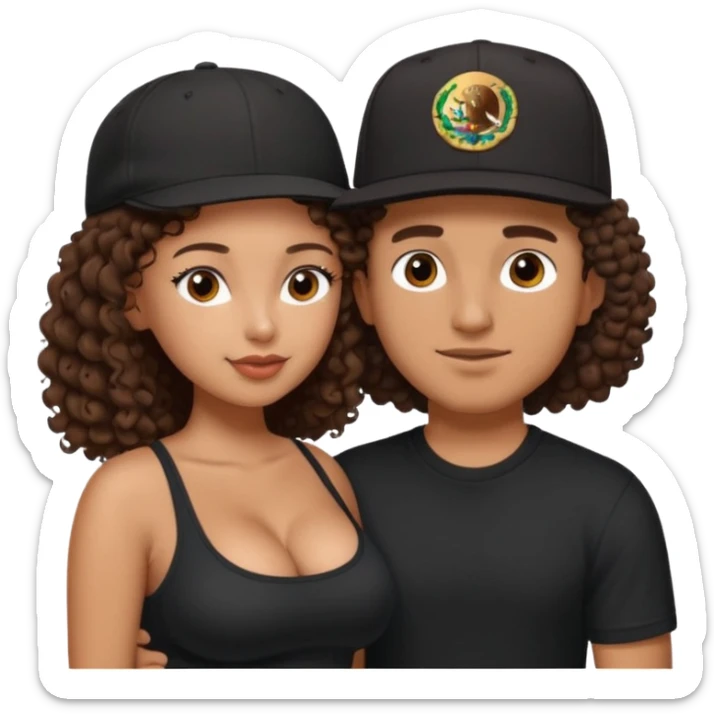 A picture of a tanned couple embracing. the guy is Mexican, with a bald hair cut and he has a SnapBack hat on. The girl is mixed, the girl is wearing a black shirt, the girl has brown curly big hair and the girl has big boobs  sticker