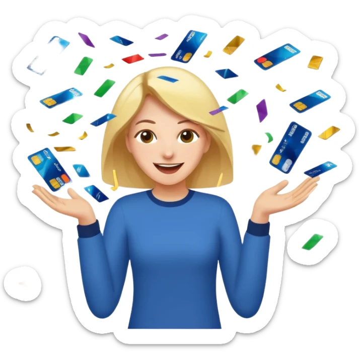 A joyful person cutting up credit cards as they turn into flying confetti emoji sticker
