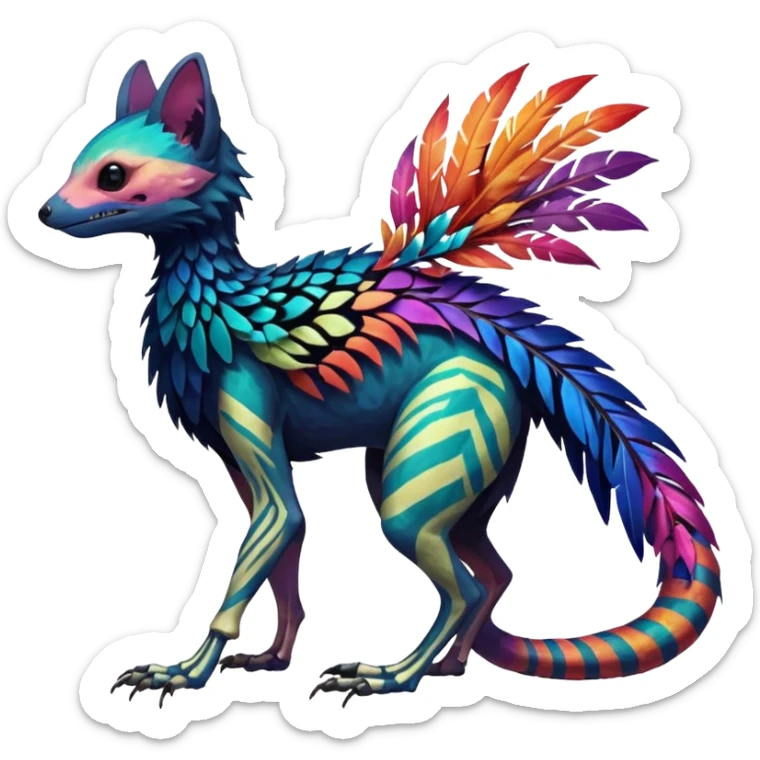Rare colorful gradients colored realistic dark edgy glossy shiny tropical tribal patterned feathery skeletal badass epic pretty beautiful handsome gorgeous aesthetic colorful vibrant Vernid-Trico-species-Fakemon-creature by LiLaiRa, 4 legs, 1 tail, random markings, (full body) sticker