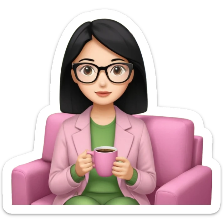 Chica de pelo negro ojos negros y piel morena con lentes oversize square GAFAS DE LEER BIEN GRANDES , ropa de color verde , sentada en una sala de casa , en la mano derecha una taza de cafe en color rosa con una flor negra de diseno. Sentada mirando un drama koreano en la television.  sticker