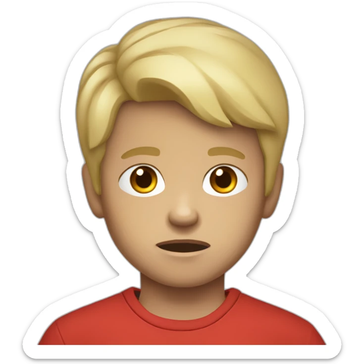 Angry boy child light skin color blond straat hair red shirt sticker