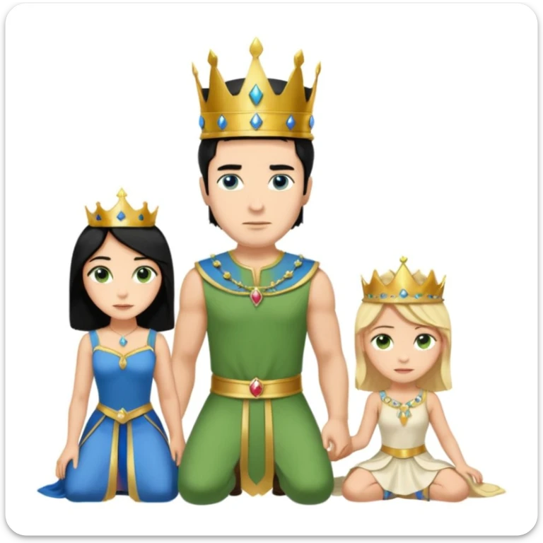 Man as king, standing, black Hair, blue eyes, female Servoamt, blonde, green eyes, shott white sleveless Dress, kneeling, background palace sticker