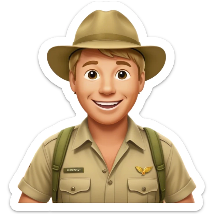 Cinematic Realistic Steve Irwin Portrait Emoji, depicted as a passionate wildlife expert in his signature khaki attire with an enthusiastic smile and a backdrop of the Australian outback, rendered with vibrant textures and dynamic natural lighting that captures his adventurous spirit. sticker