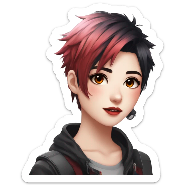 Gorgeous anime style tomboy-lady with blushing face aesthetic and pretty edgy black red punk hair with hair garment trending style sticker