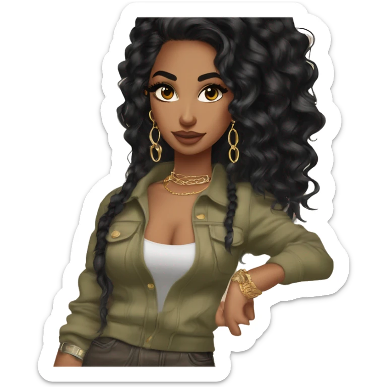 Glamorous, streetwear, black balayage hair, long wavy hair, olive skin, brown almond eyes, winged eyeliner with big lashes, wearing hooped earrings, rings and bracelets  sticker