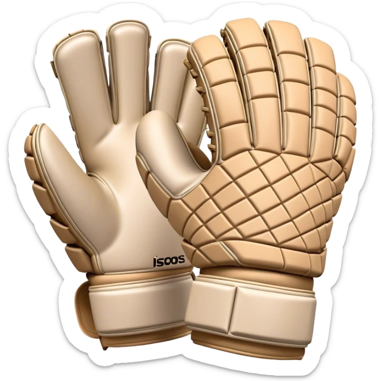 Cinematic Realistic image of goalie gloves showcasing detailed fabric textures and intricate grip patterns, rendered against a blurred goal backdrop with focused, high-contrast lighting that accentuates their essential design sticker