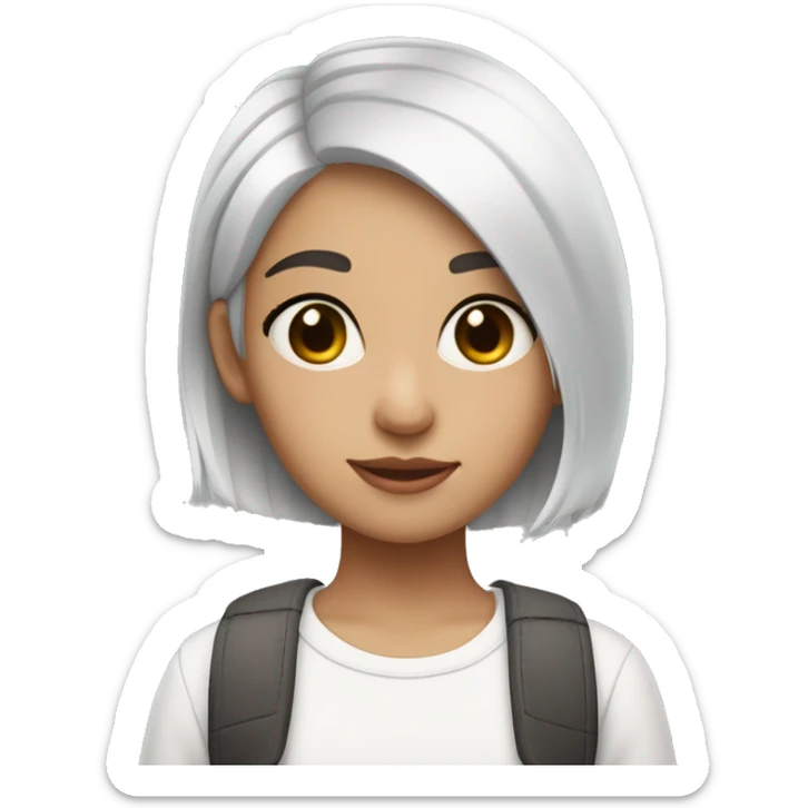 Girl of short straight hair with Tomboy style cut, pure white hair color with gray gradient at the ends of her hair, she has heterochromia sticker