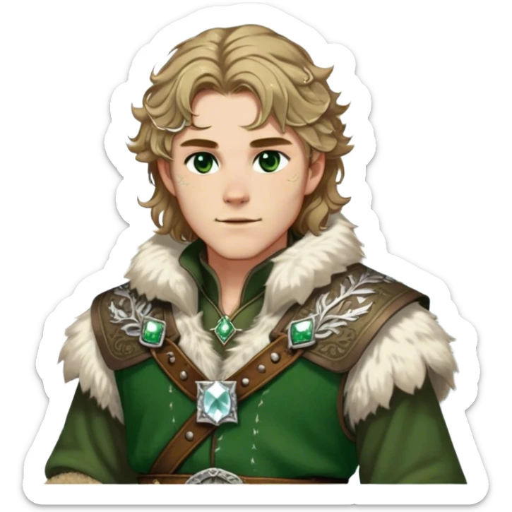 Medieval winter outfit worn by a DnD themed fantasy male character. Heavy olive green wool tunic with lynx fur collar, secured with ornate silver fastenings and a thick embossed leather belt. Clothes only above the waist, full waist coverage. The character has no arms. Character is white-skinned with golden brown hair, forest green eyes, and shoulder-length wavy hair with ice-crystal highlights. sticker