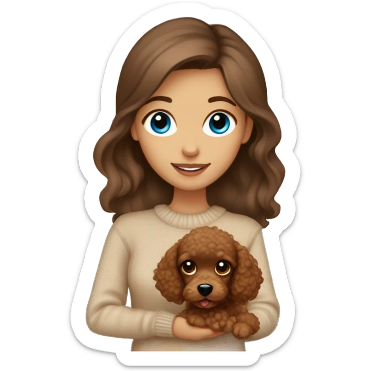 Pretty blue eyed tan girl with brown hair in a beige sweater holding a brown sweet toy poodle sticker