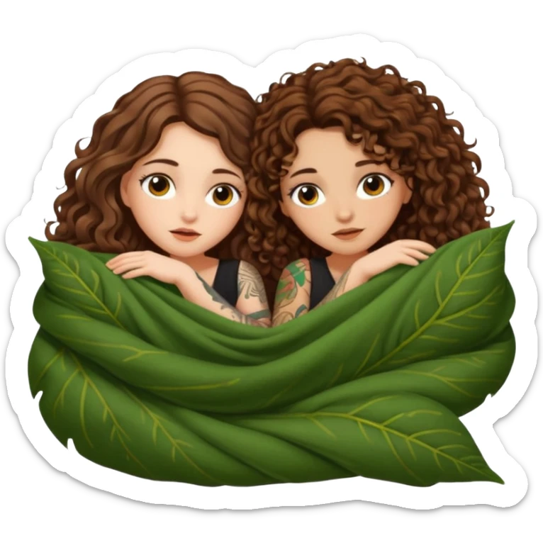 fake sleep pose — long wavy brown hair tattooed woman and short tight curly brown hair woman — peeking under leaf blanket sticker