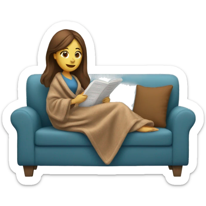white women with brown straight hair sitting on a sofa reading a booking with a blanket cozy  sticker