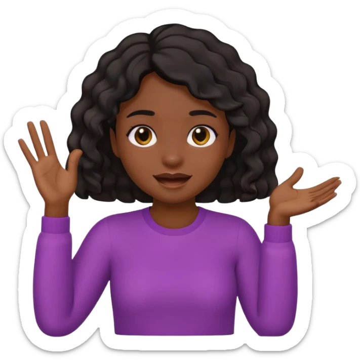 A dark-skinned girl with short, wavy hair raises her right hand 😜 and makes the same emoji movements sticker