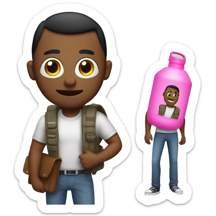man standing with a bag carried on one shoulder and a pink metal water bottle in one side of the bag sticker