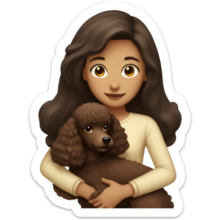 Girl with straight dark brown hair hugs a brown poodle sticker