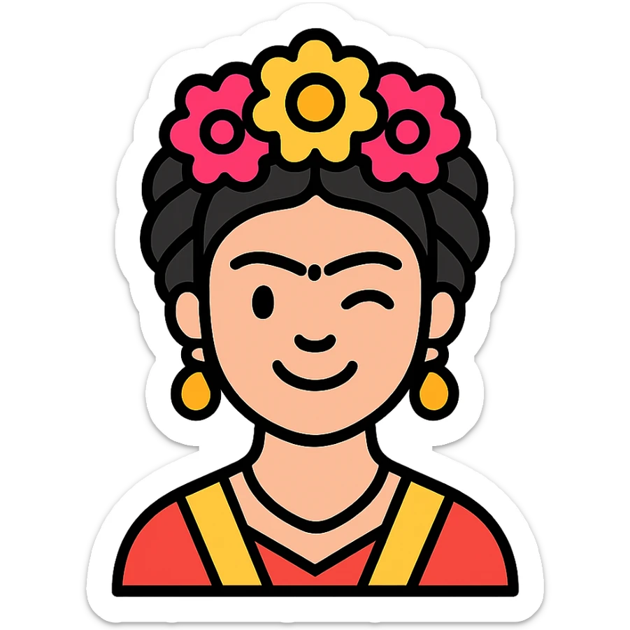 Frida Kahlo souriante qui fait un clin d'œil, style icône moderne, lignes épurées, couleurs contrastées sticker
