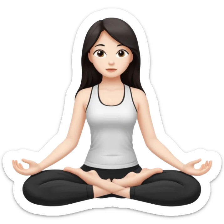 Девушка белокожая, с длинными темными волосами, в одежде для йоги - черные лосины, белый топ, сидит в позе йоги, правильные пропорции тела, только человек sticker