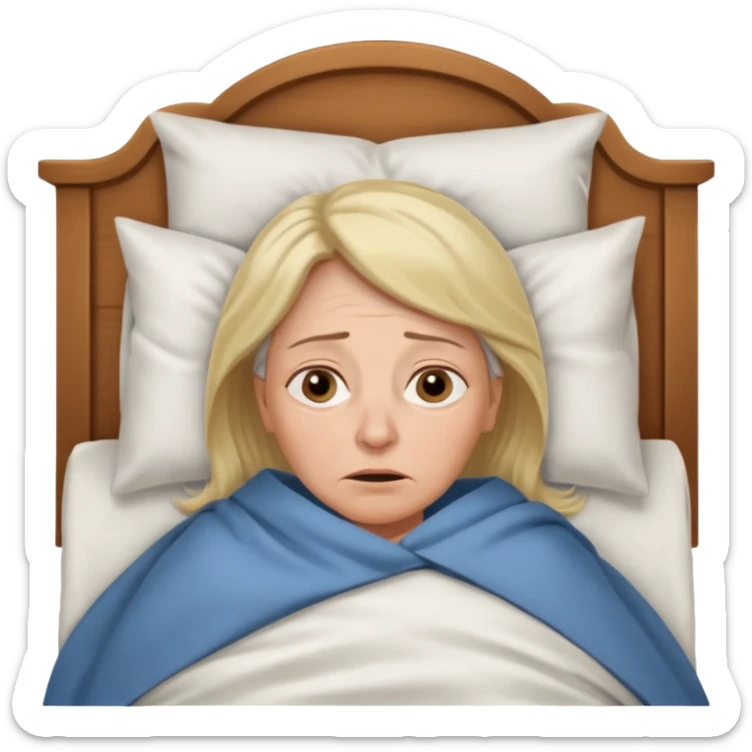A 55-year-old woman lying in bed, unable to sleep. She looks exhausted and desperate, with visible dark circles under her eyes, tired facial expression. She is under the blankets, staring at the ceiling.  sticker
