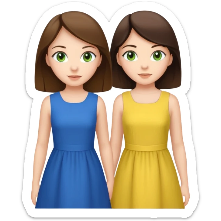 A brunette sister with green eyes and a brunette sister with green eyes in different clothes standing happily sticker