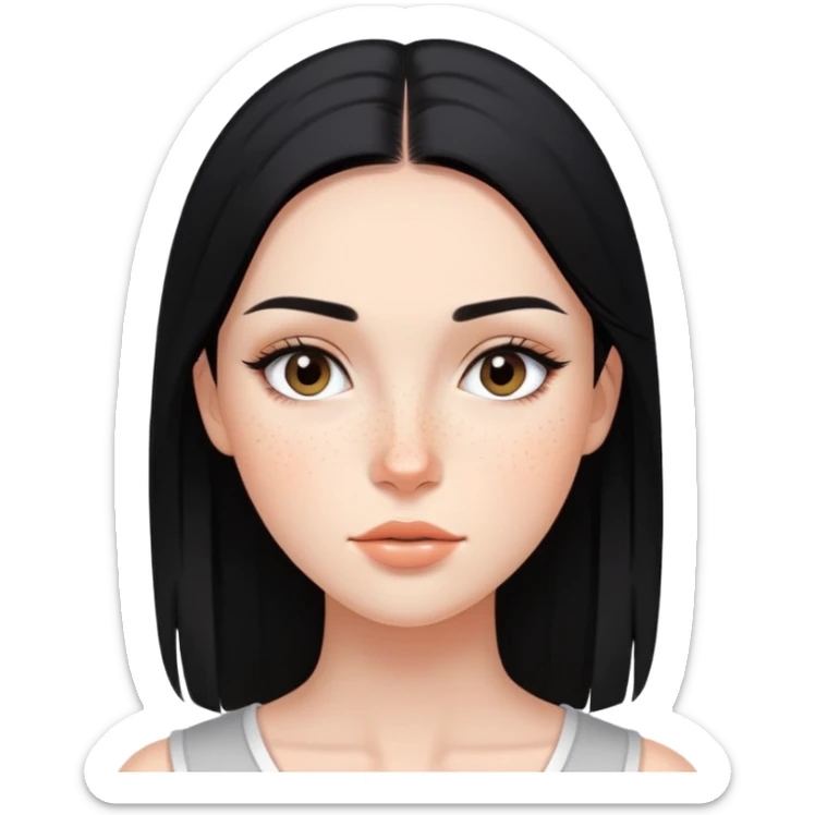 young woman with sleek black straight hair, natural makeup, and freckles across cheeks sticker