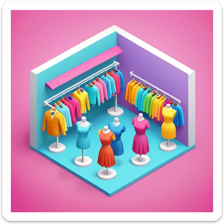 isometric clothing boutique shop with mannequins and colorful clothes sticker