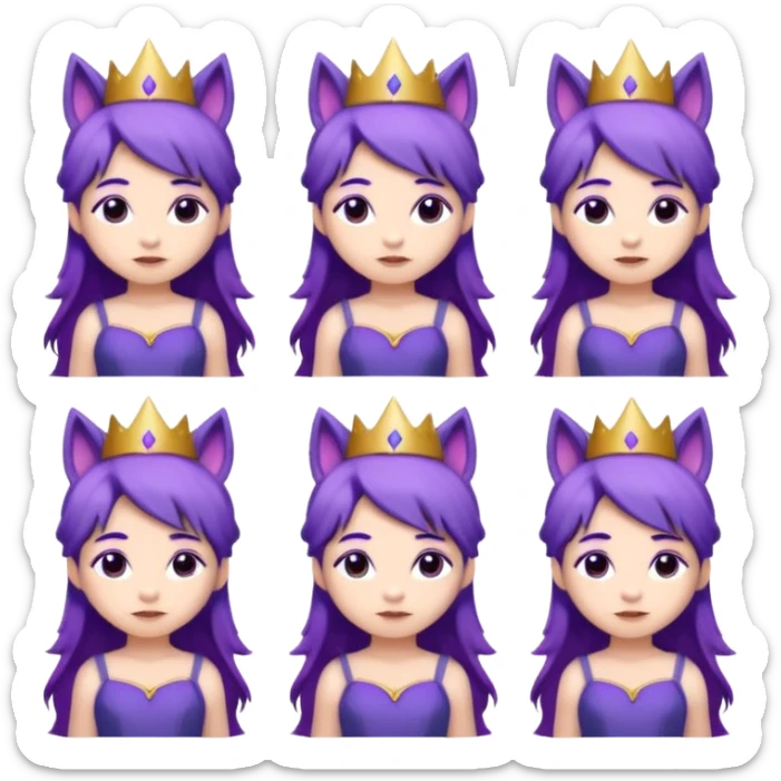 A collection of twelve chibi-style illustrations of a cute princess wearing a purple dress and crown with purple hair and purple wolf ears and purple wolf tail character. Each square shows the character expressing a different emotion against a white background And make a gap between each illusion sticker
