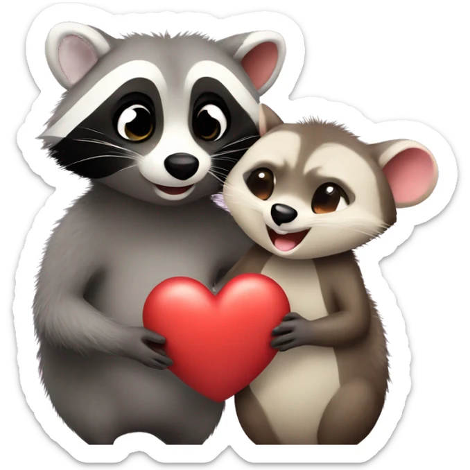 Raccoon and opossum cute couple in love with heart sticker