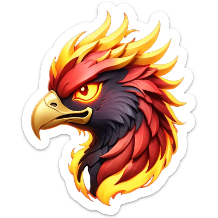 Cinematic Fierce Battle-Hardened Mystical Fire Phoenix Portrait Emoji, head tilted with an aggressive, unwavering gaze that speaks of relentless combat. The flame-kissed form is marked by rugged, charred feathers and vivid battle scars. Its blazing eyes radiate raw intensity and steely resolve, rendered with lifelike detail and stark natural lighting, high shine, channeling an aura of unyielding warlike energy and valor, softened by a dynamic glowing outline that highlights its battle-earned ferocity. sticker