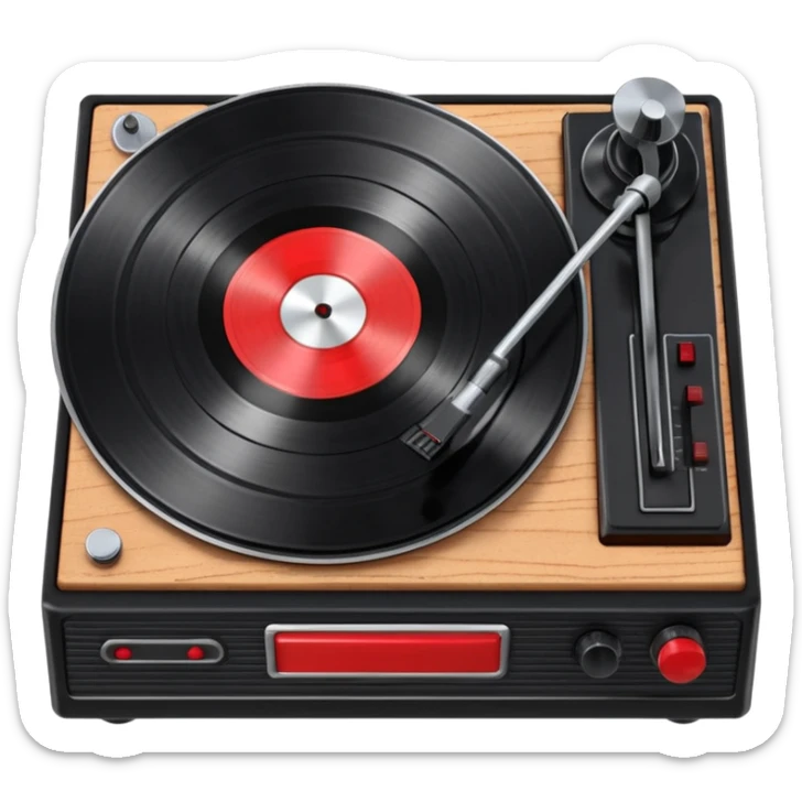 3D render of Vinyl Record, vintage 1980s audio equipment aesthetic, tactile analog buttons, shiny black grooved disc with a red center label, mixed wood grain and brushed aluminum textures, Apple emoji style, isolated on white background --v 6.0 sticker