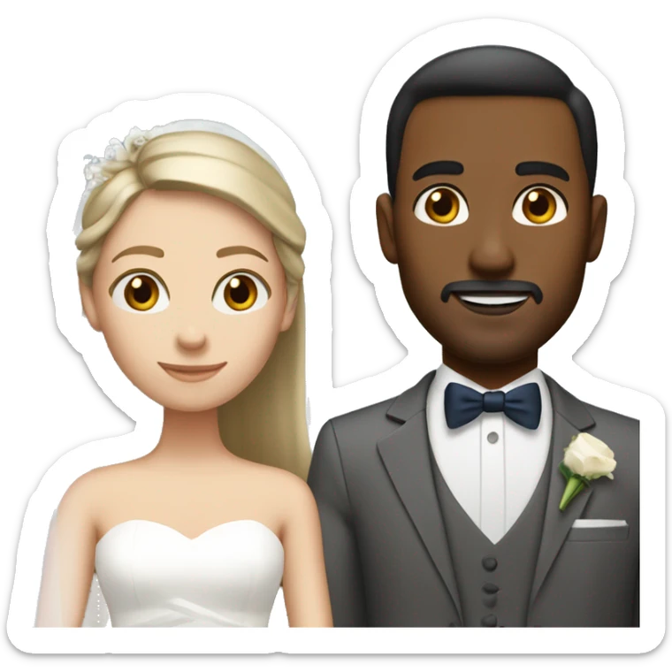 couple on wedding day: man has slick back brown hair and brown eyes and woman has dirty blonde straight hair and blue eyes sticker