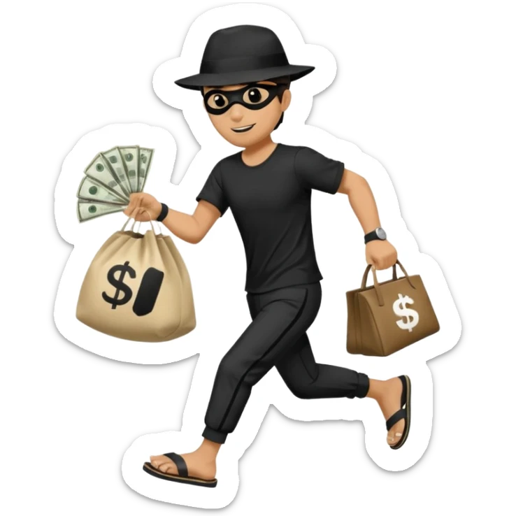 Make a man wear a black pant and he shirt is balck line and white line and wear a black hat and he holding a money bag and he running he wear a black eye thing no money in the Left hand and he yellow and the money bag in the right he wear a flip flop like this is Money bag 💰 NO MONEY sticker