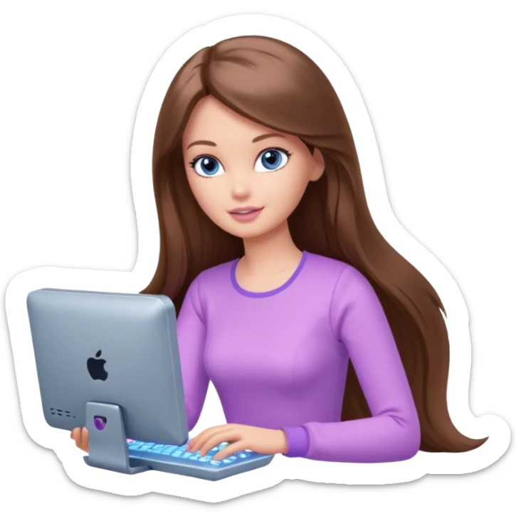 beautiful barbie girl with long brown hair, blue eyes and wearing light purple clothes playing computer games sticker