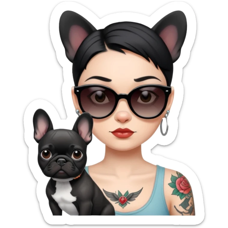 girl with short black  straight hair and tattoos and Wearing sunglasses and a black French bulldog sticker