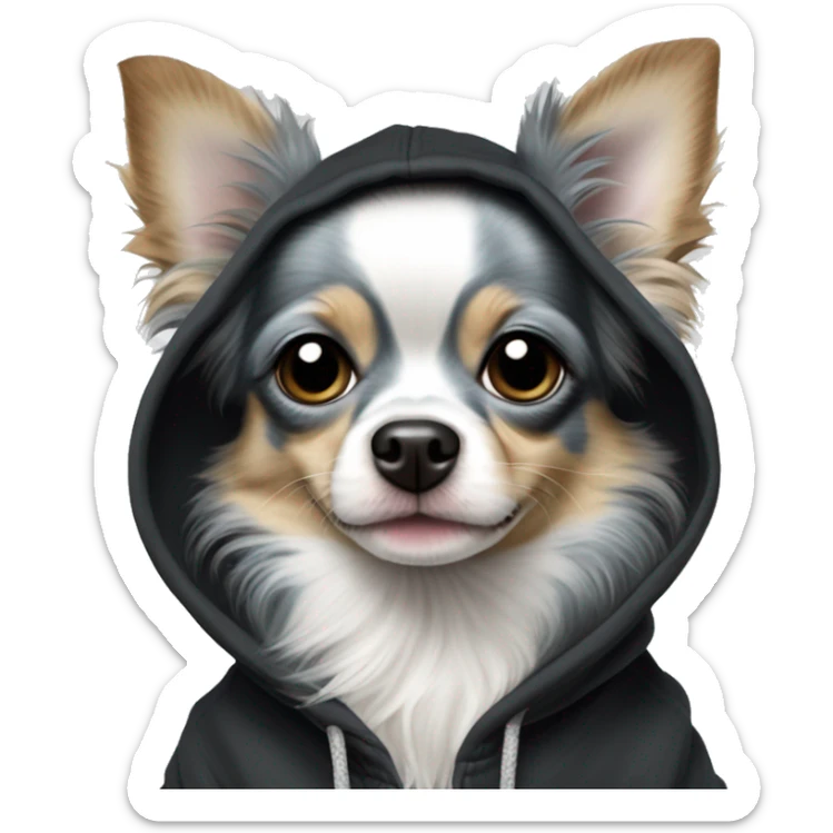 Realistic blue Merle long hair chihuahua dog in a black hoody sticker