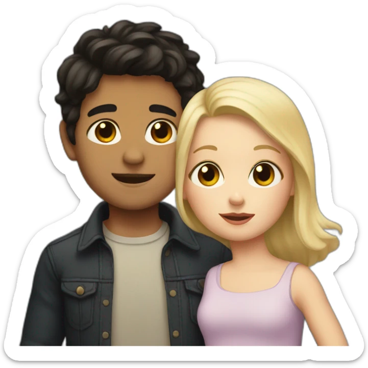 a boy with dark hair holding a short girl with blonde hair sticker