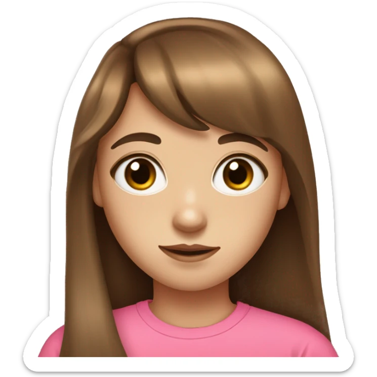 14-year-old girl with long brown hair and bangs brown and big eyes With tight pink t-shirt and a freckle on the right chek sticker