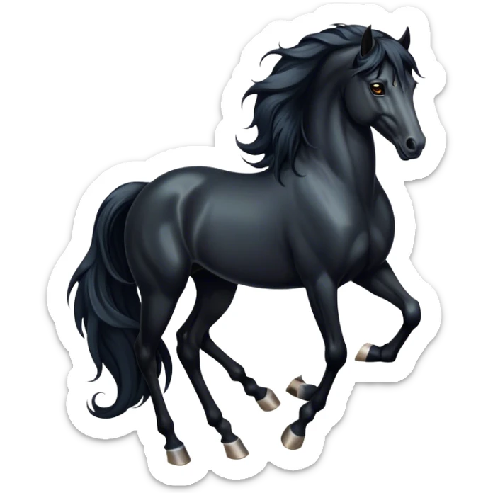 Cinematic Elegant Black Horse Portrait Emoji, Head held high with a serene, powerful gaze, showcasing a magnificent jet-black fur with a radiant, glossy finish, a flowing mane and tail, and piercing dark eyes exuding beauty and strength, Simplified yet majestically refined features, highly detailed, glowing with a soft, ethereal light, high shine, poised and breathtaking, stylized with an air of pure elegance, capturing the essence of a stunning and graceful steed, so beautiful it feels like it could gallop out of the screen with effortless charm! sticker