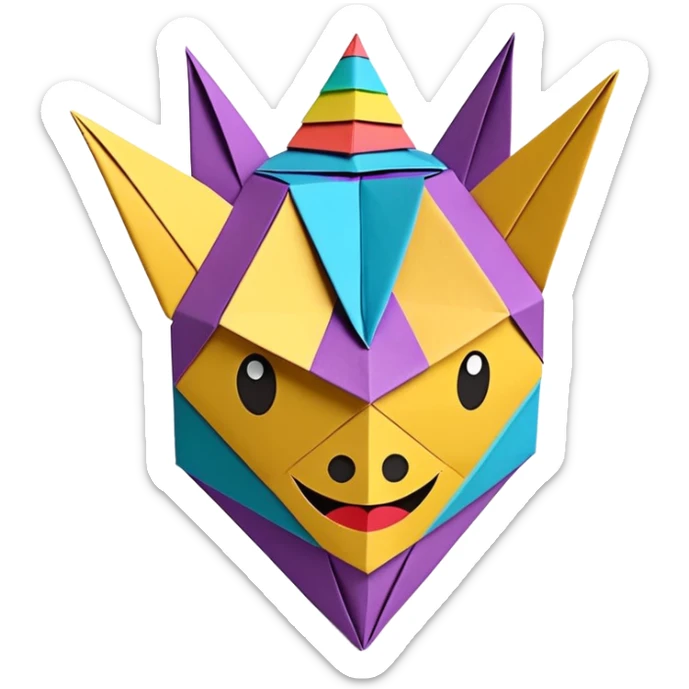 3D render of Piñata entirely of folded origami paper, sharp creases, cardboard texture, matte finish, visible paper grain, craft aesthetic,emoji style, isolated on white background --v 6.0 sticker