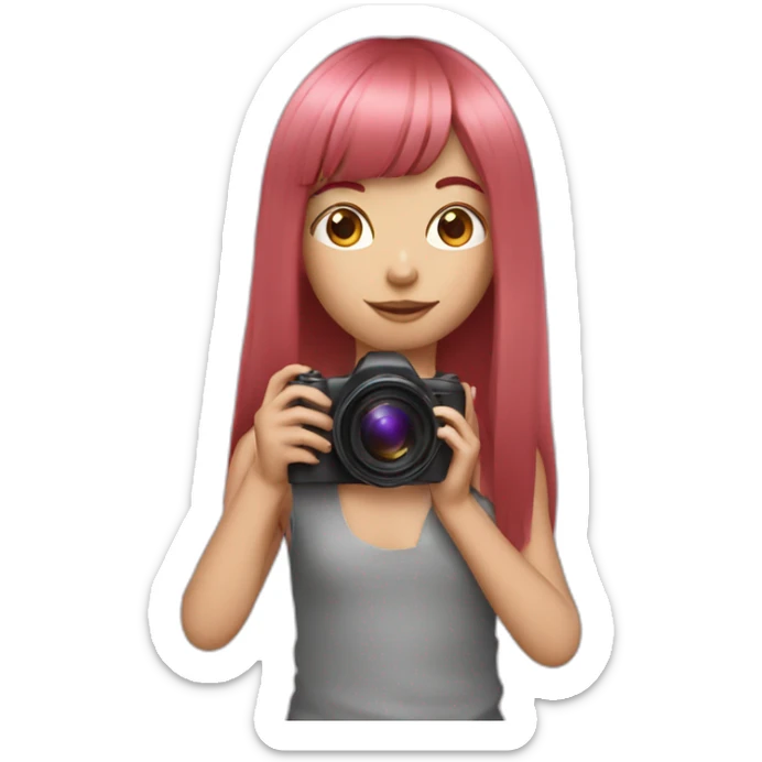 girl with long, straight rose hair and fringe and holding camera sticker
