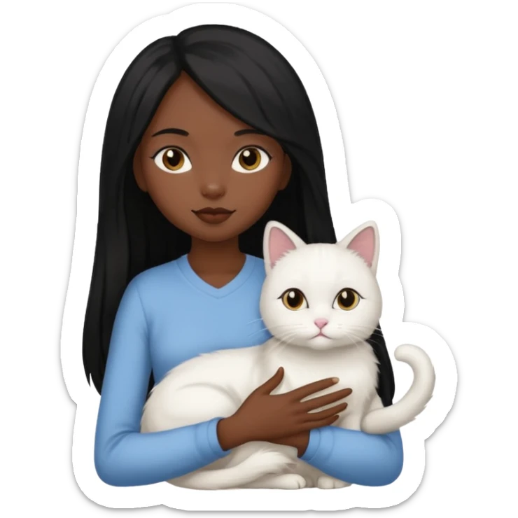 black girl with straight long black hair with a side part.  holding a female white cat sticker